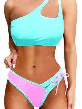 Asymmetric Aqua & Pink Women's Bikini Set